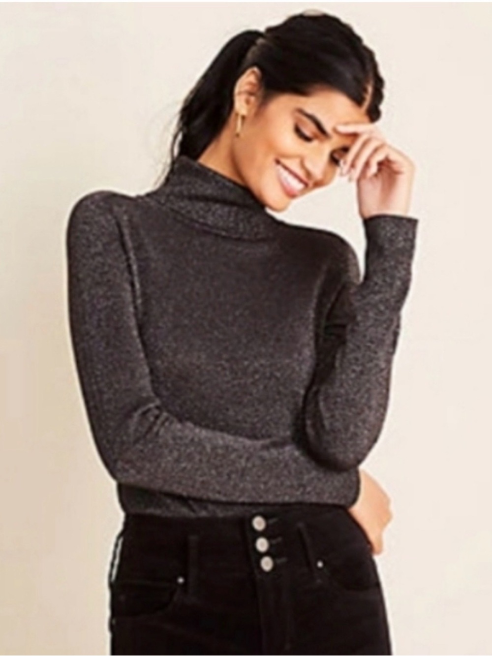NWT‎ Ann Taylor Shimmer Turtleneck Sweater Black Metallic Medium Lightweight